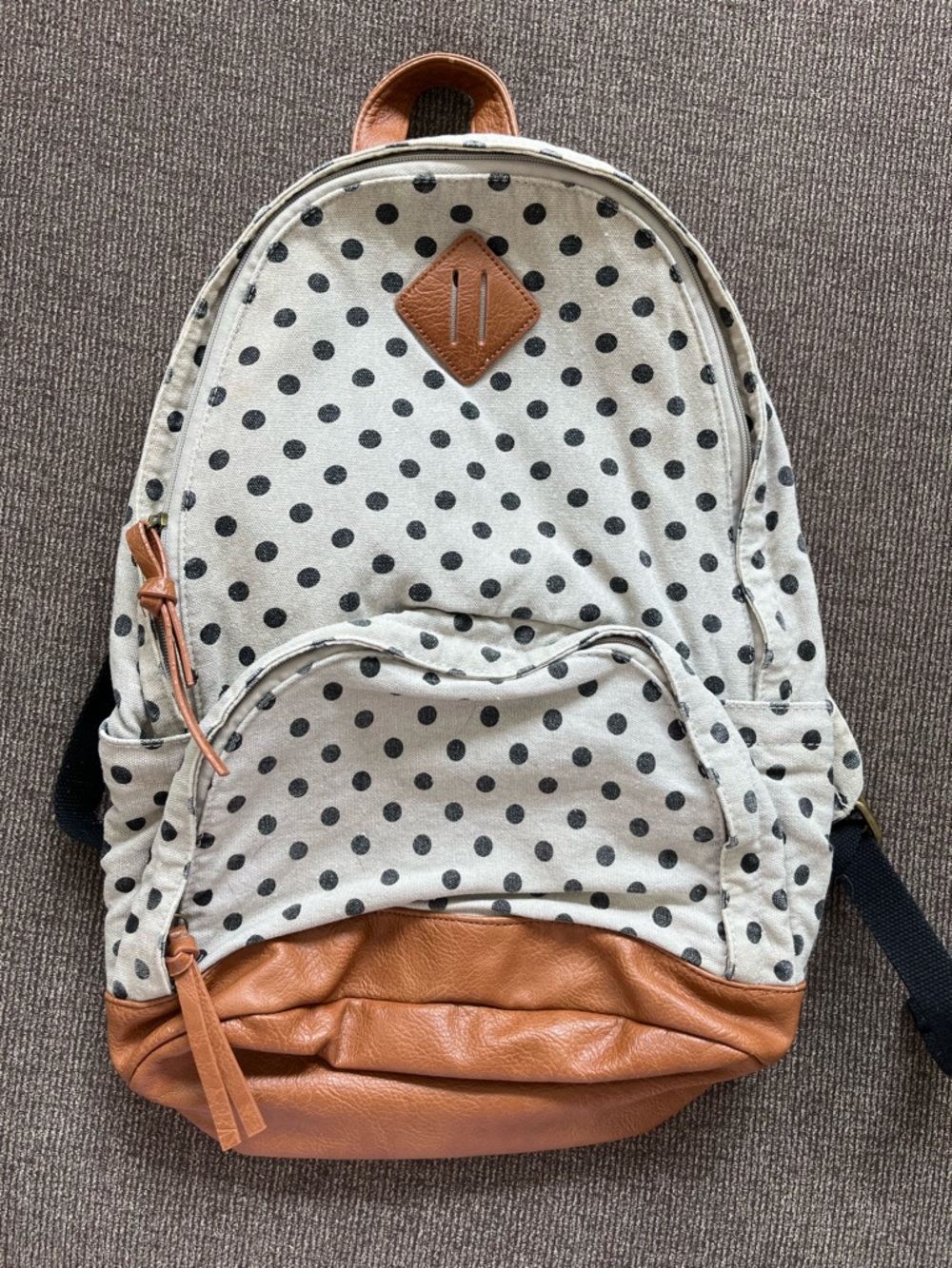 Polka Dot Canvas Backpack with Brown Faux Leather Trim